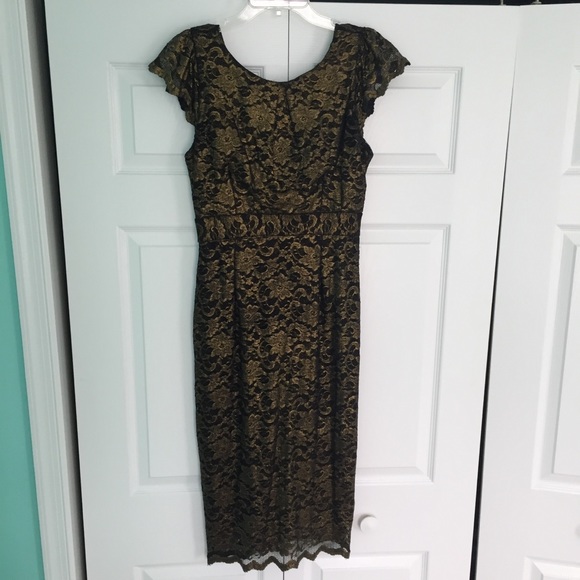 Golden lace calf length formal evening dress - Picture 3 of 7